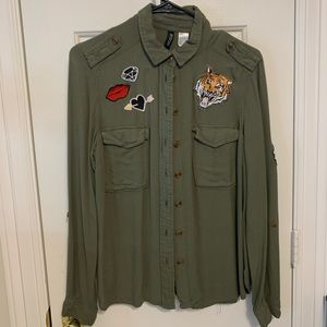 Divided army green button up with patches size 6